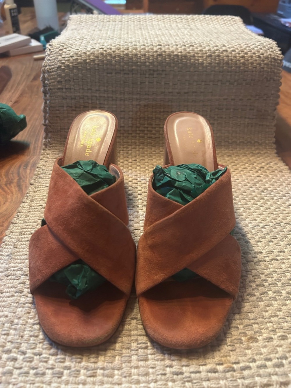 kate spade Tan Suede Open-Toe Block Heel Mules